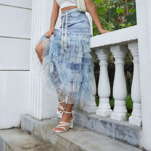 Mesh Floral Stitching Denim Skirt Denim Skirt Belt - Shop at LoveMi