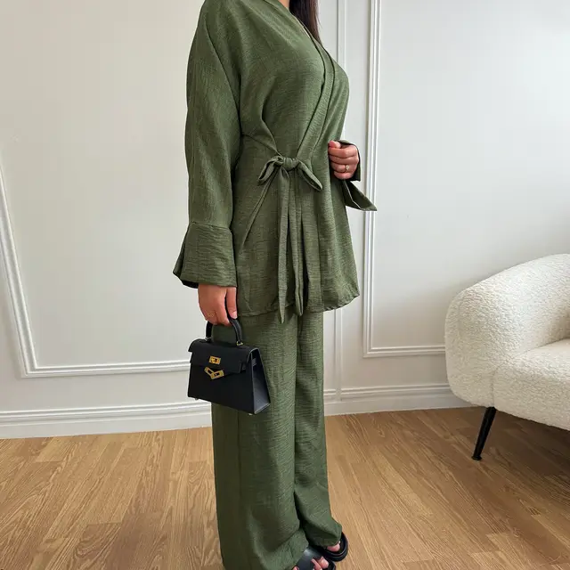 Lace up Top And Wide leg Pants Two piece Suit Army Green - Shop at LoveMi