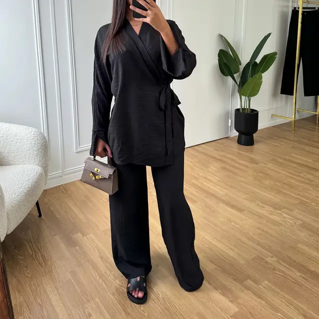 Lace up Top And Wide leg Pants Two piece Suit Black - Shop at LoveMi