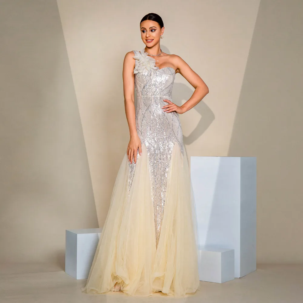 One-shoulder Diagonal Collar Slim-fit Sheath Sequined Slit Evening Dress - Apricot