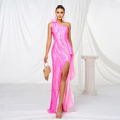 One shoulder Diagonal Collar Sequined Slit Evening Dress Rose Red - Shop at LoveMi