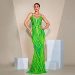 V-neck Strap Sequined Fishtail Evening Dress - Green