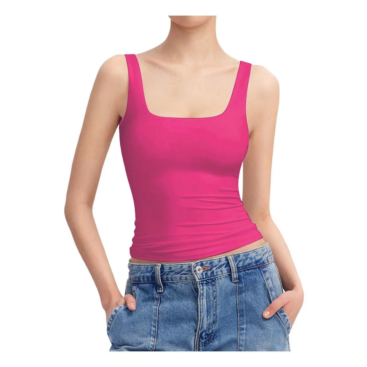 Summer Fashion Sleeveless Vest Square Collar Vest For Women - Pink 19Color