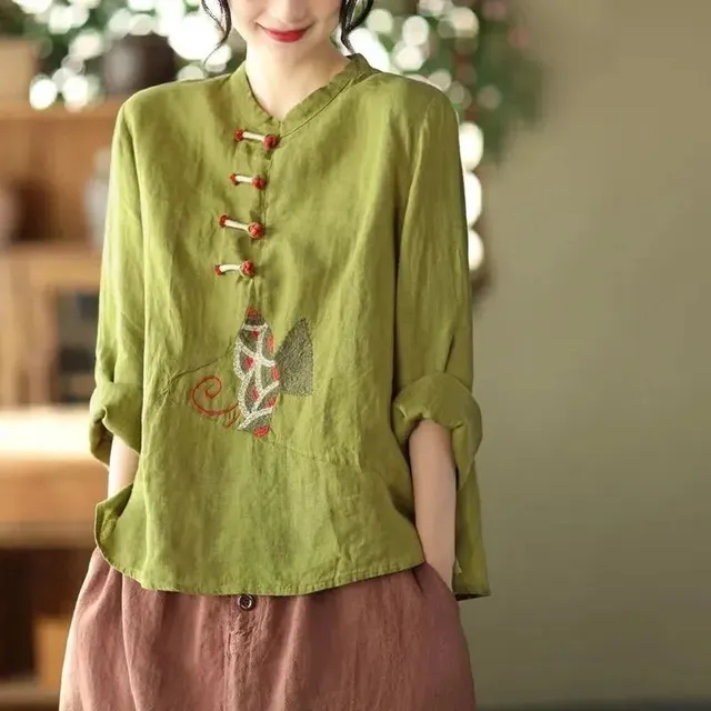 Ethnic Style Plus Size Cotton And Linen Shirt For Women 412 Green - Shop at LoveMi