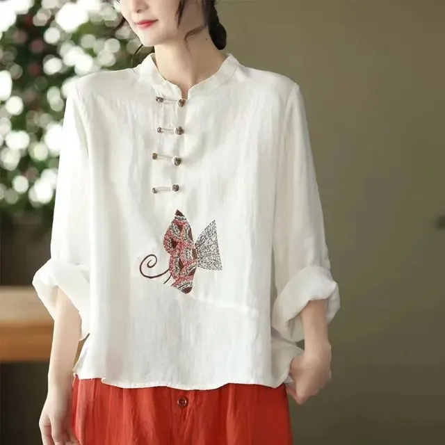Ethnic Style Plus Size Cotton And Linen Shirt For Women 412 White - Shop at LoveMi