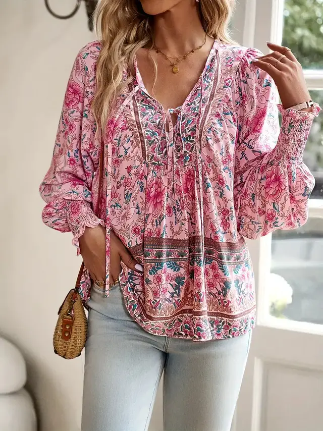 Bohemian Vacation Style Printed V neck Lace up Long Sleeve Top Color 5 - Shop at LoveMi