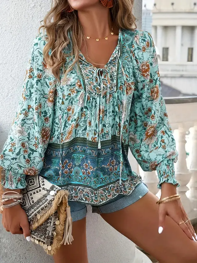 Bohemian Vacation Style Printed V neck Lace up Long Sleeve Top Flower Color 2 - Shop at LoveMi