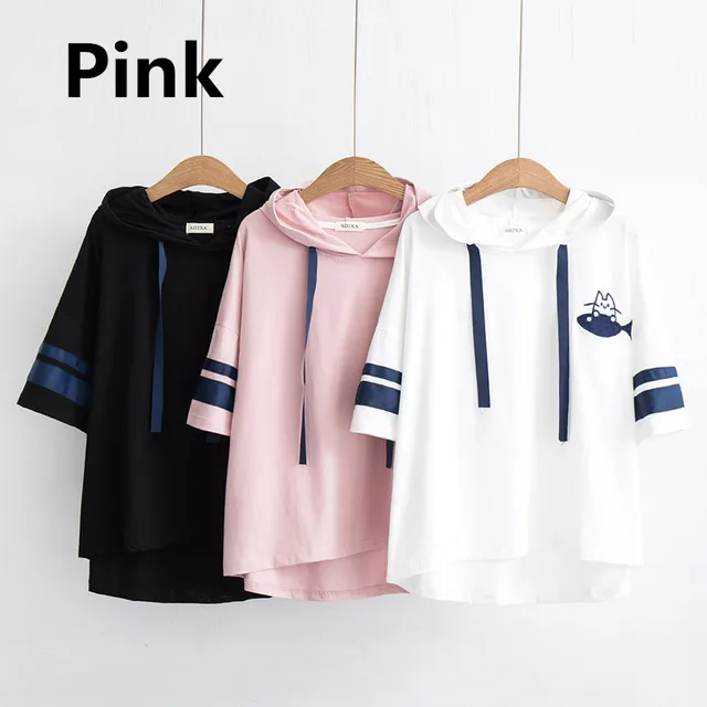 Summer College Style Cartoon Embroidered Loose Hooded Short Sleeve T shirt Pink And Pants - Shop at LoveMi