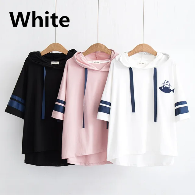 Summer College Style Cartoon Embroidered Loose Hooded Short Sleeve T shirt White And Pants - Shop at LoveMi