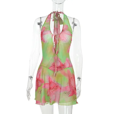 Sexy Backless Halter Vacation Style Hot Girl Print Dress Green - Shop at LoveMi