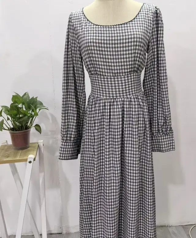 Round neck High Waist Elegant Plaid Bottoming Long Sleeve Dress Long Dress Plaid Dress - Shop at LoveMi
