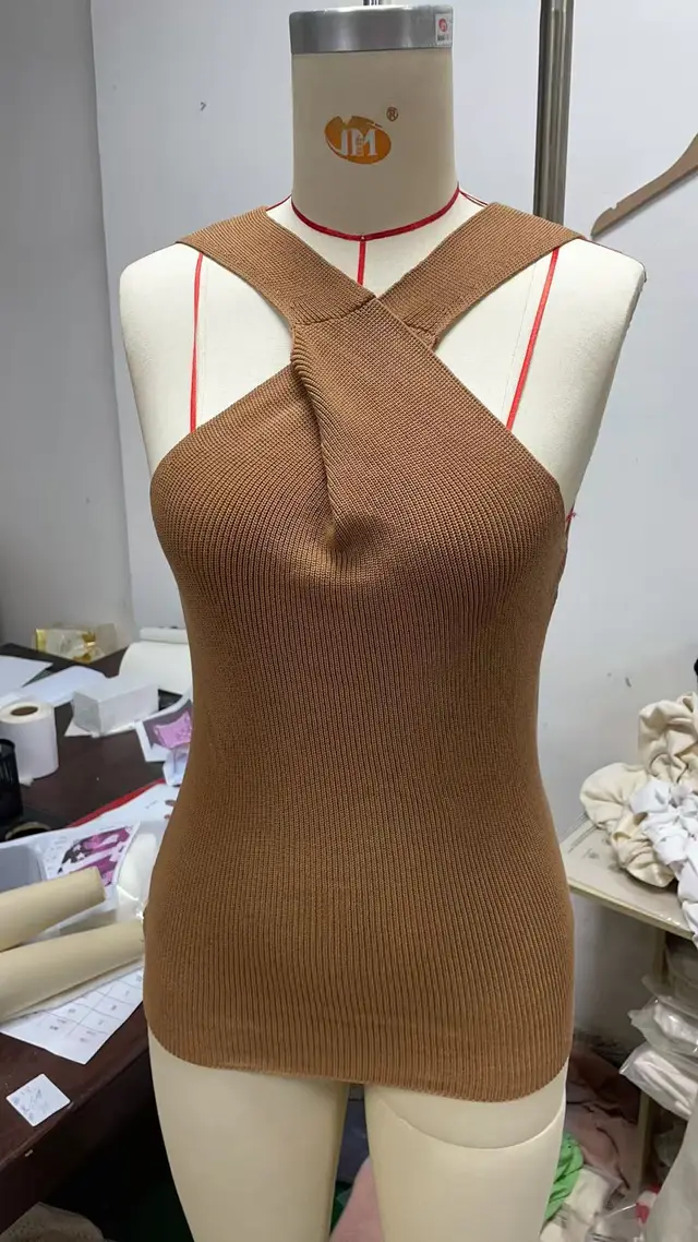 Elegant Cross halterneck Spaghetti Straps Sleeveless Knitted Vest Top Khaki - Shop at LoveMi