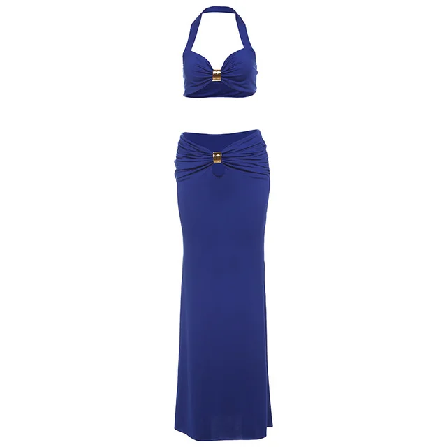 Sexy Bandeau Long Sleeve Back Slit Dress Suit Blue - Shop at LoveMi