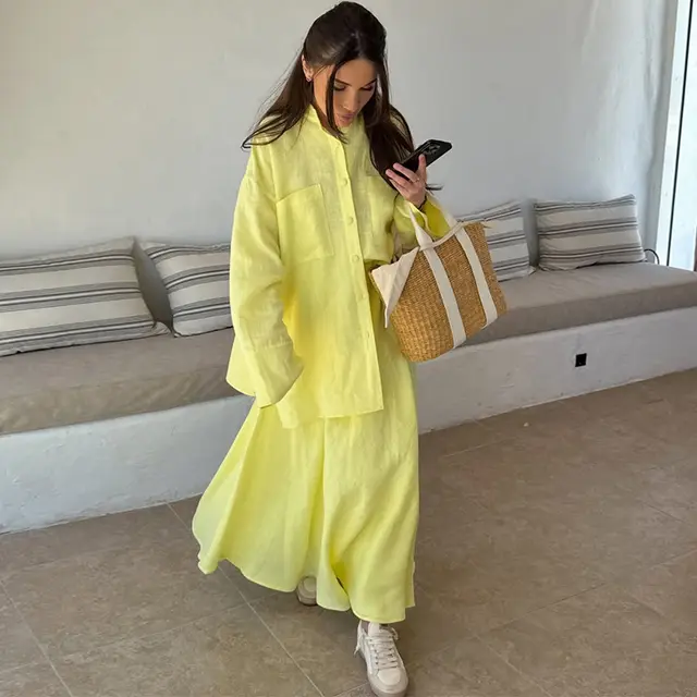 Casual Loose Long Sleeve Shirt Skirt Yellow Suit Yellow - Shop at LoveMi