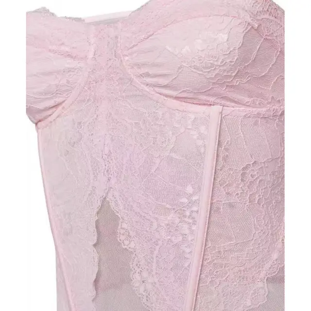 Lace Fishbone Semi transparent Tube Top Short Skirt Suit Pink Bra - Shop at LoveMi
