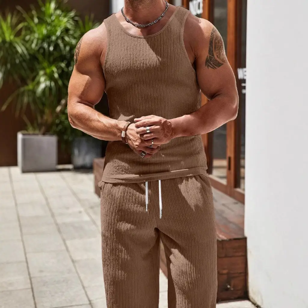 Slim Fit Sports Solid Colour Vest Workout Elastic Suit - Caramel