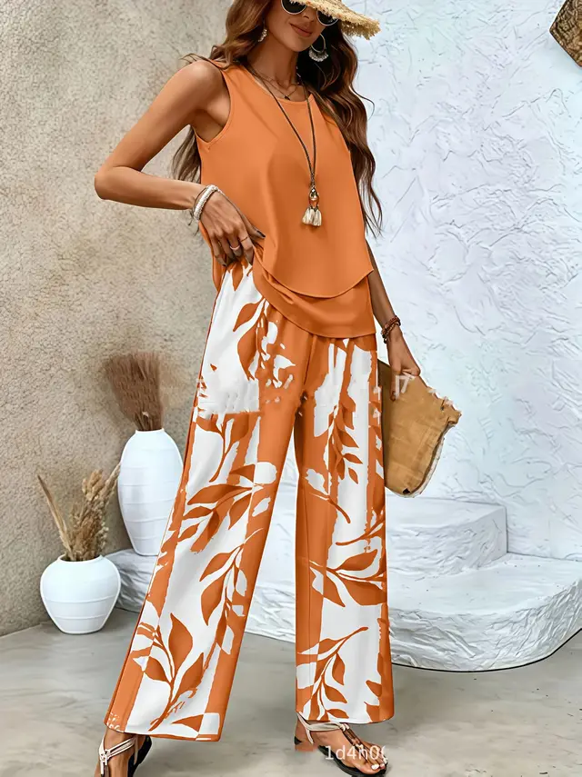 Print Suits Sleeveless Double layer Vest And Loose Straight Pants Orange - Shop at LoveMi