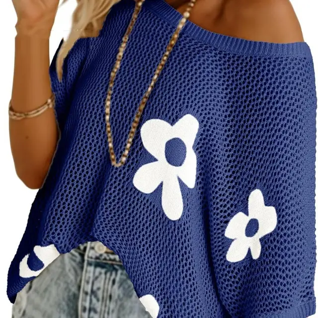 Casual Floral Hollow Out Crew Neck Blouse Women Blue - Shop at LoveMi