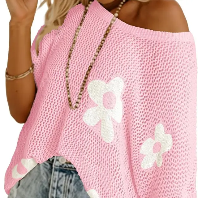 Casual Floral Hollow Out Crew Neck Blouse Women Pink - Shop at LoveMi