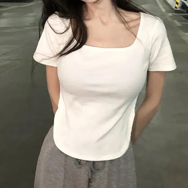 Summer U Collar Top Slim fit Irregular Short sleeved T shirt For Women White - Shop at LoveMi
