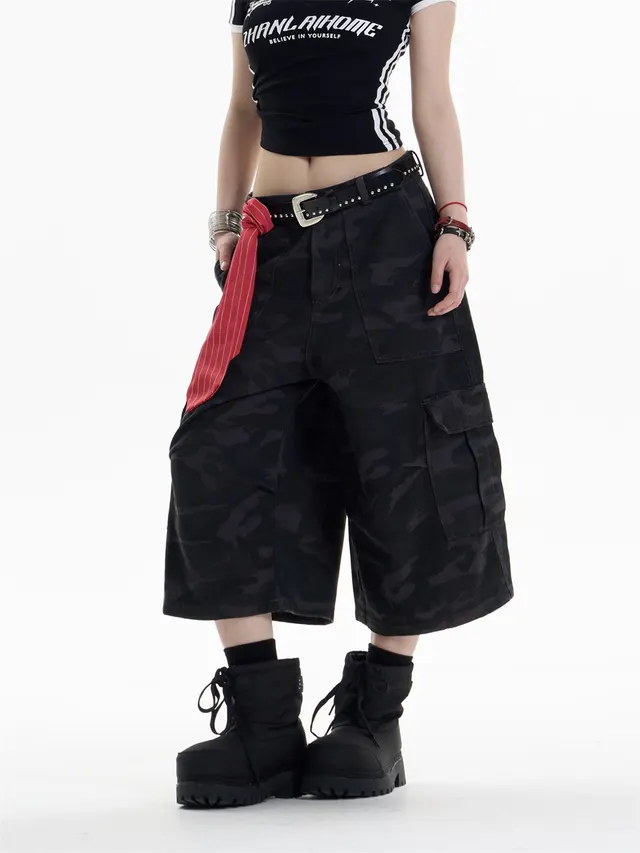 Women's Multi pocket Camouflage Workwear Cropped Pants Straight Shorts Black - Shop at LoveMi