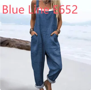 Women's Vintage Print Jumpsuit Loose Sleeveless Design Sexy - Blue Line E652