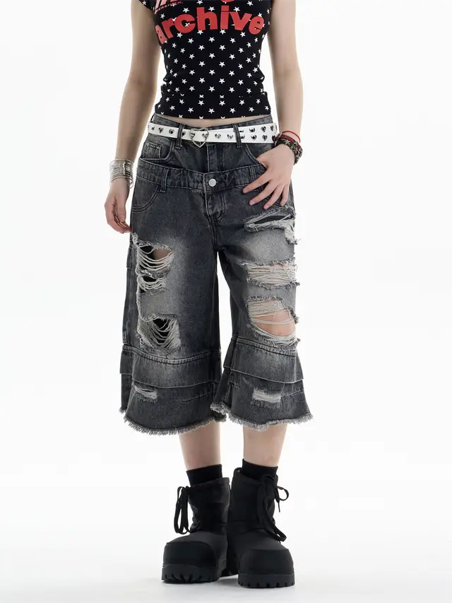 Ripped Denim Cropped Pants Women's Double Waist Loose Shorts Black - Shop at LoveMi