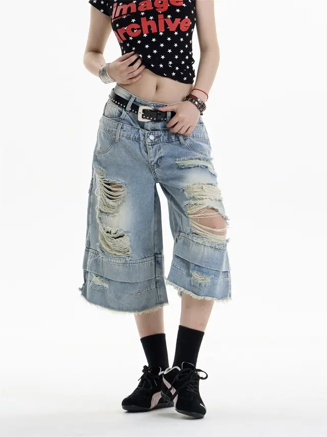 Ripped Denim Cropped Pants Women's Double Waist Loose Shorts Blue - Shop at LoveMi