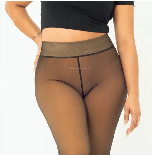 Women's Fall And Winter Outer Wear Plus Size Fake Transparent Black See through Leggings Honey Tan With Feet - Shop at LoveMi