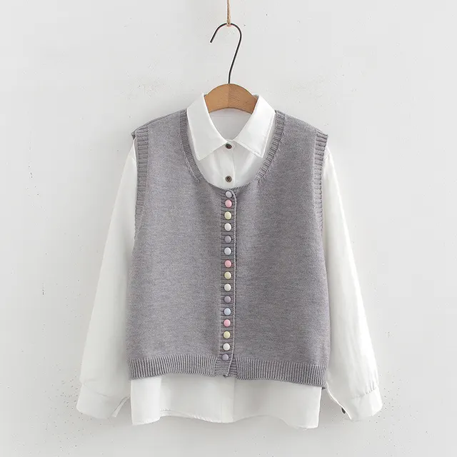 Multi button Knitted Vest Cardigan Women's White Shirt Suit Women's Gray - Shop at LoveMi