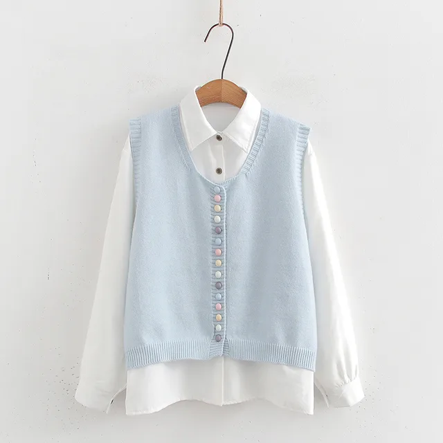 Multi button Knitted Vest Cardigan Women's White Shirt Suit Women's Light Blue - Shop at LoveMi