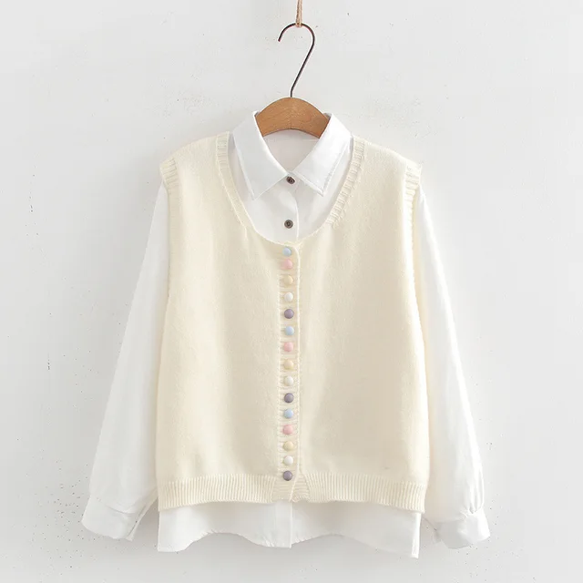 Multi button Knitted Vest Cardigan Women's White Shirt Suit Women's White - Shop at LoveMi