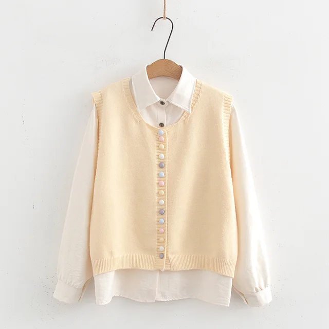 Multi button Knitted Vest Cardigan Women's White Shirt Suit Women's Yellow - Shop at LoveMi