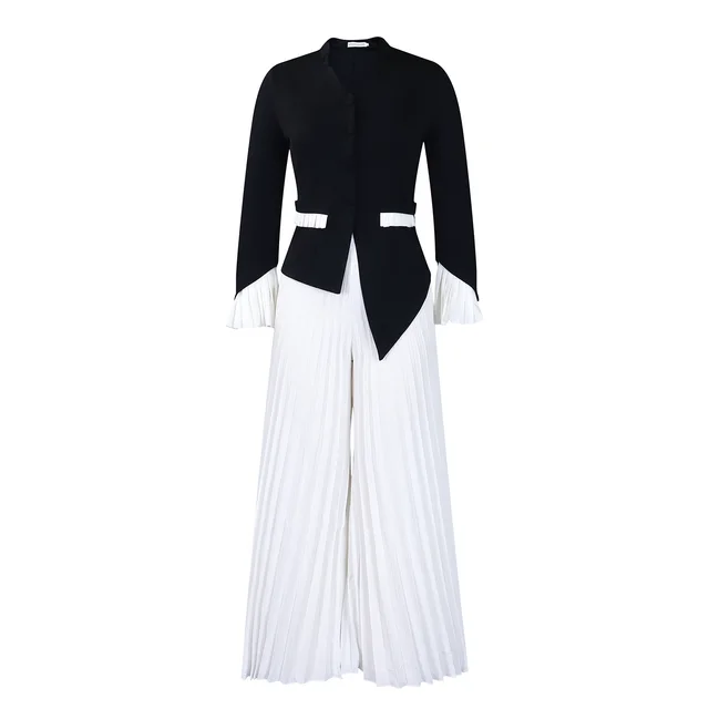 Fashion Flared Sleeves Top Pleated Wide leg Pants Suit Two piece Set Black - Shop at LoveMi