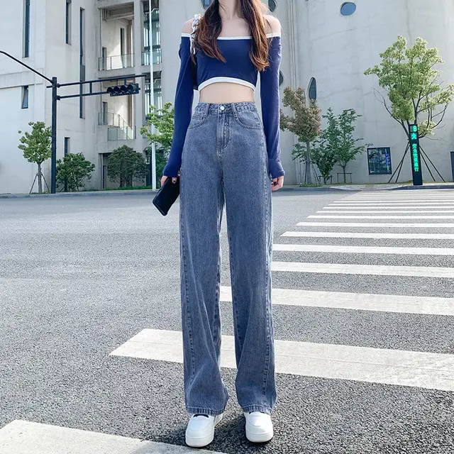 Women's High Waist Straight Jeans Loose fitting Wide leg Trousers Retro Blue - Shop at LoveMi