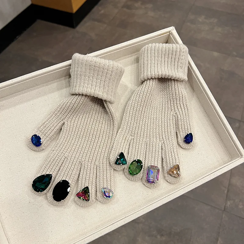 Rhinestone Touch Screen Open Finger Finger Knitted Gloves - Beige - View 1