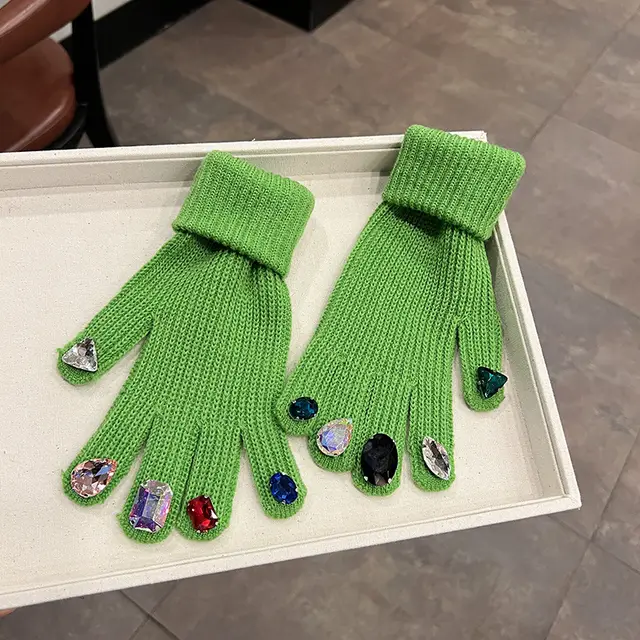Rhinestone Touch Screen Open Finger Finger Knitted Gloves Green - Shop at LoveMi