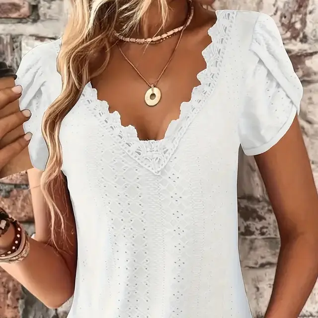 Women's Eyelet Lace Trim V neck Shirt White - Shop at LoveMi