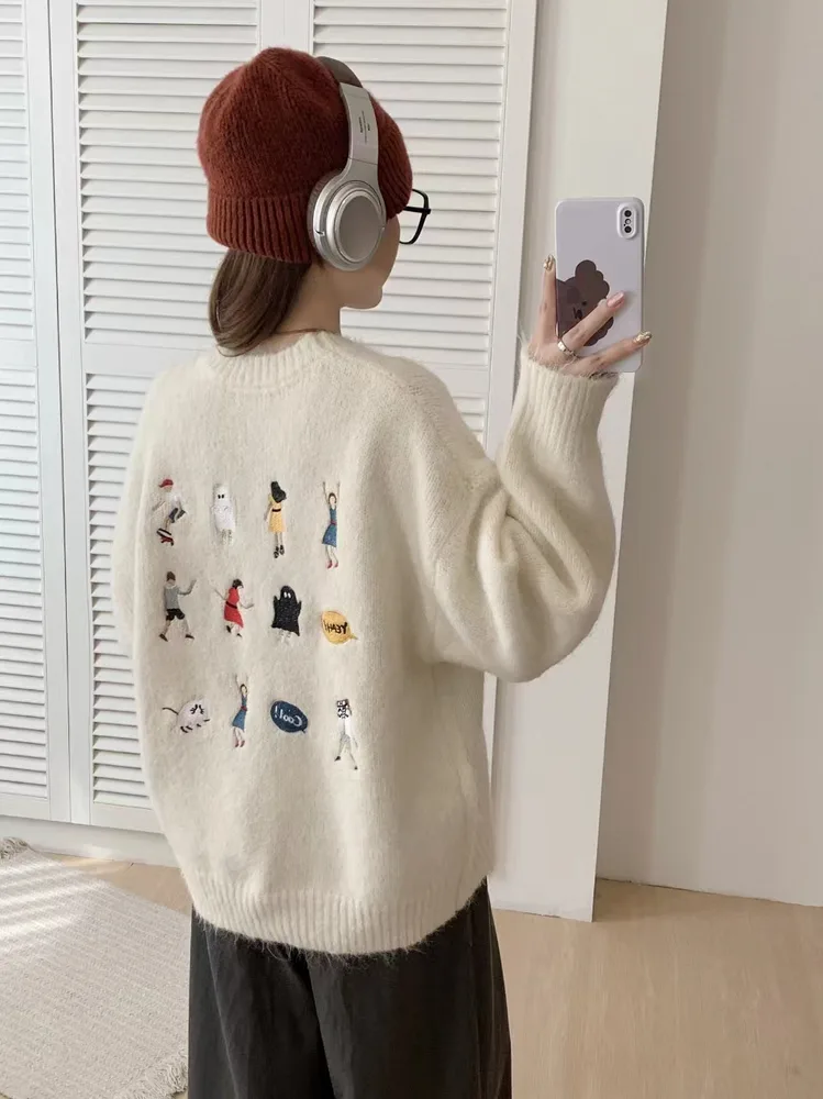 Gray Sweater Women's Loose Cartoon Embroidery Knitted Top Beige - Shop at LoveMi