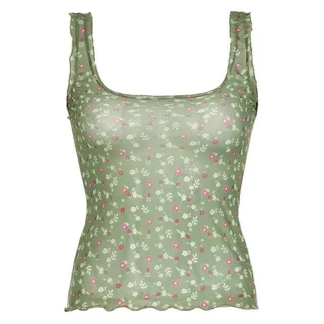 Floral Contrast Color Mesh See through Square Collar Sling Top Green - Shop at LoveMi