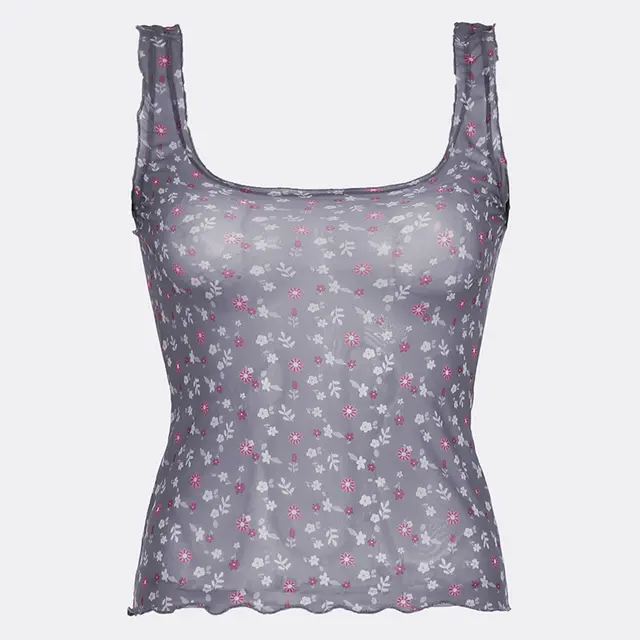Floral Contrast Color Mesh See through Square Collar Sling Top Purple - Shop at LoveMi