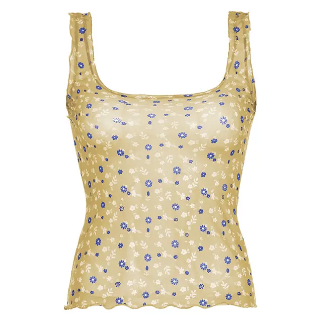 Floral Contrast Color Mesh See through Square Collar Sling Top Yellow - Shop at LoveMi