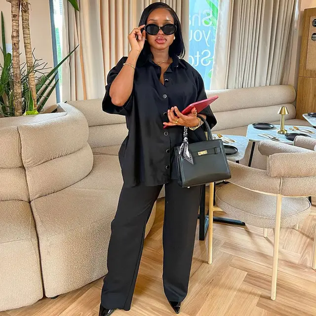Casual Shirt Wide Leg Pants Two piece Set Black - Shop at LoveMi
