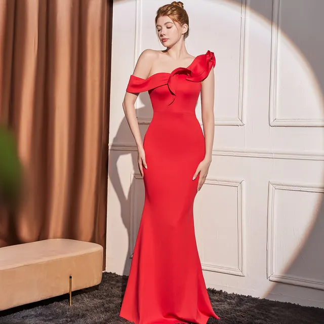 High end Slant Shoulder Slimming Long Dress Red 18732 - Shop at LoveMi