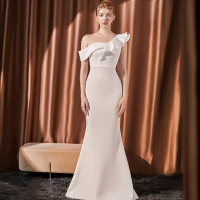 High end Slant Shoulder Slimming Long Dress White 18732 - Shop at LoveMi