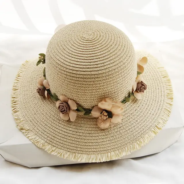 Beach Straw Hat Women's Fresh Seaside Face Covering Frayed Garland Beige - Shop at LoveMi