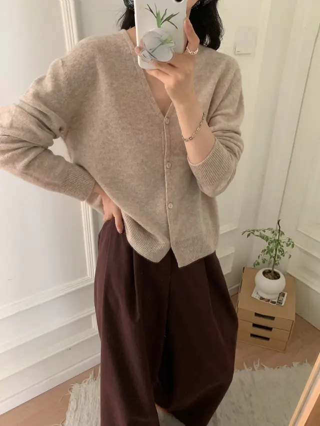 Women's Double Face Wool Leather V neck Long sleeved Knitted Cardigan Elegant Flower Camel - Shop at LoveMi