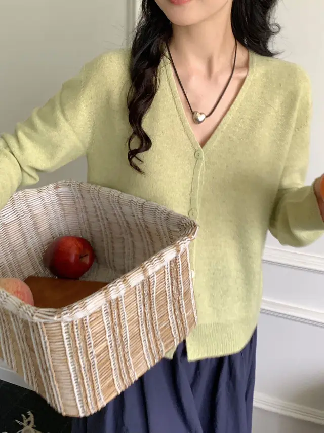 Women's Double Face Wool Leather V neck Long sleeved Knitted Cardigan Light Green - Shop at LoveMi
