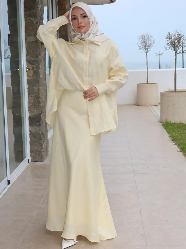Pure Color Elegant Gentle Elegant Long Sleeve Top Long Dress Comfortable Suit Light Yellow - Shop at LoveMi