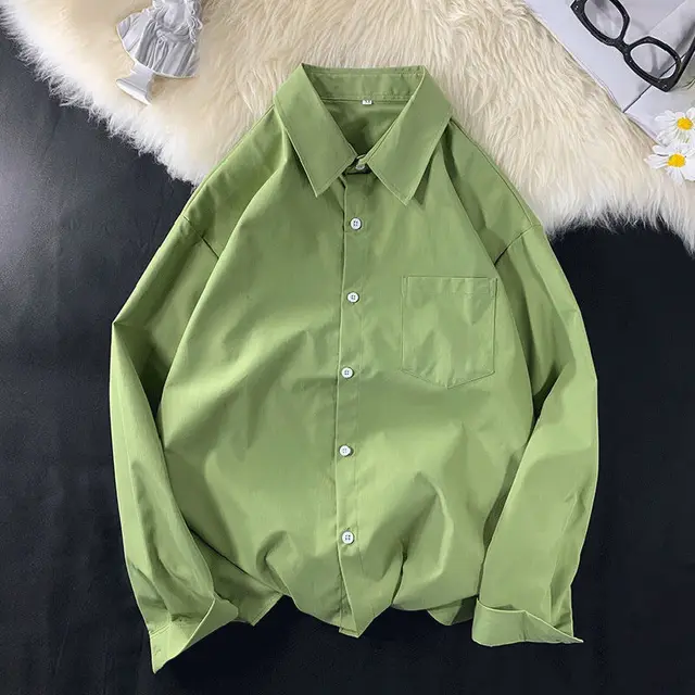 Spring And Autumn Solid Color Draping Long sleeved Shirt For Men Mustard Green - Shop at LoveMi